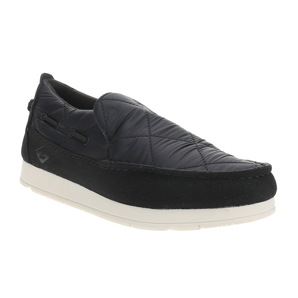 Black quilted moc slippers with side lace detail and cream flat sole