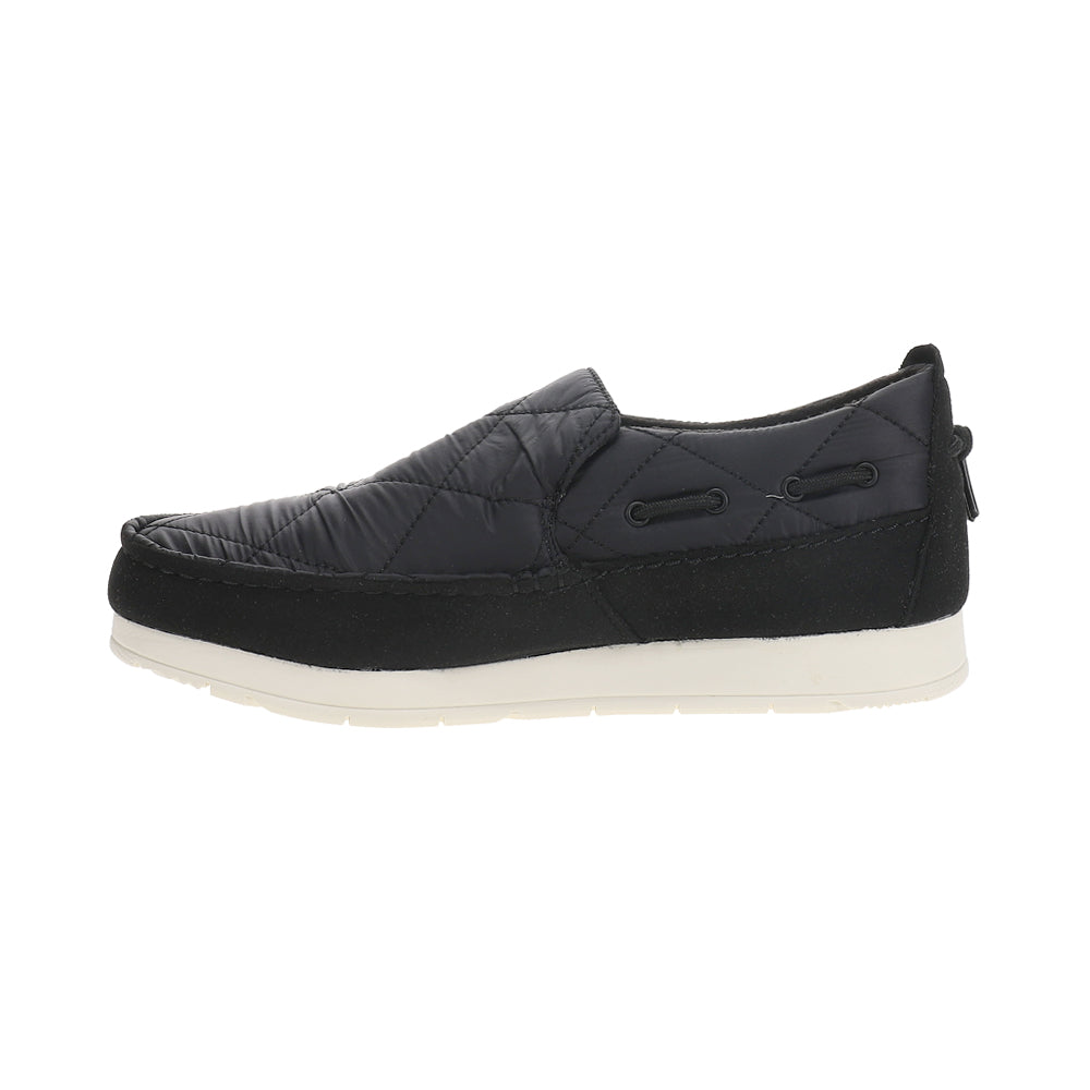 Black quilted moc slippers with side lace detail and cream flat sole