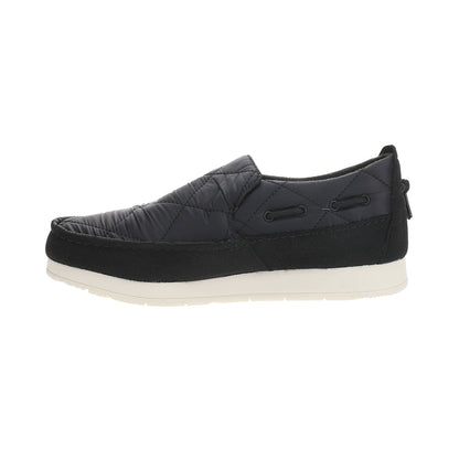 Black quilted moc slippers with side lace detail and cream flat sole
