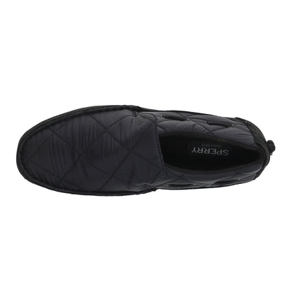 Black quilted moc slippers with side lace detail and cream flat sole