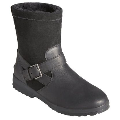 Black pull-on ankle boots with buckle strap and textured sole