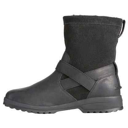 Black pull-on ankle boots with buckle strap and textured sole