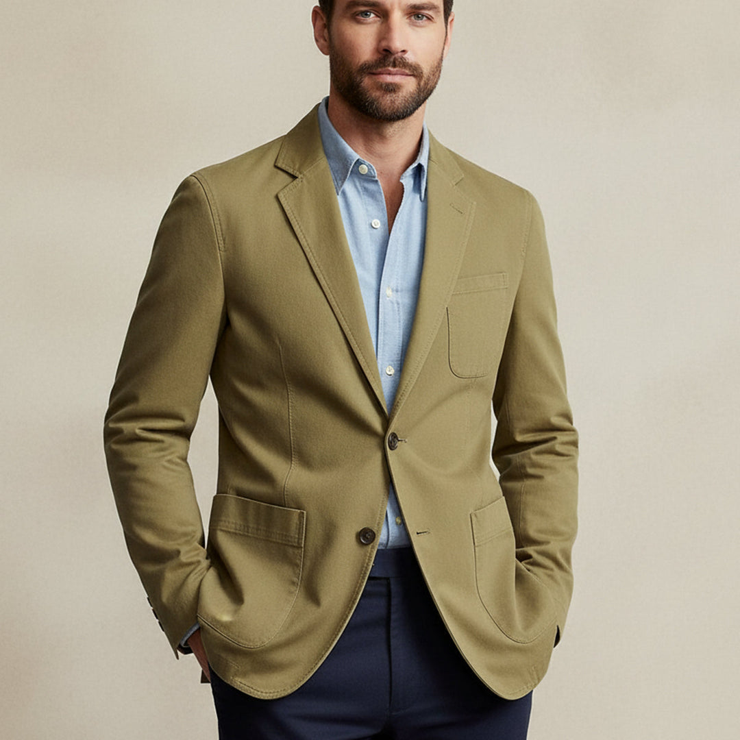 Men's blazer style jacket with notched lapels, long sleeves and patch pockets