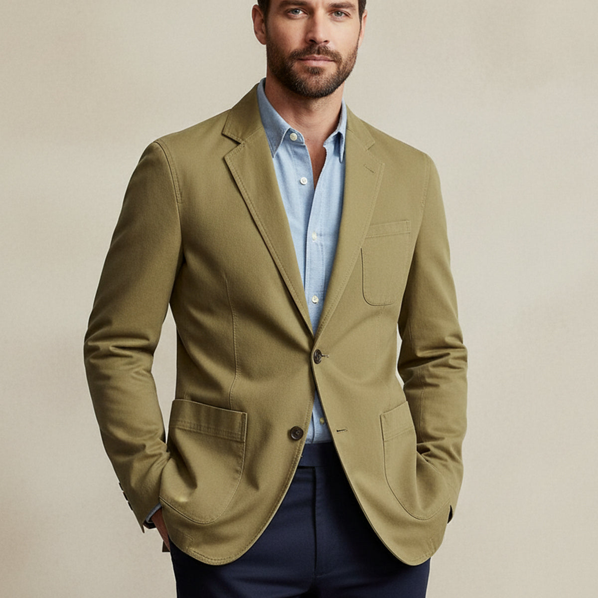 Men's blazer style jacket with notched lapels, long sleeves and patch pockets