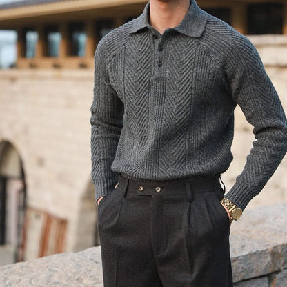Men's long-sleeve textured polo sweater with collared neckline and button placket