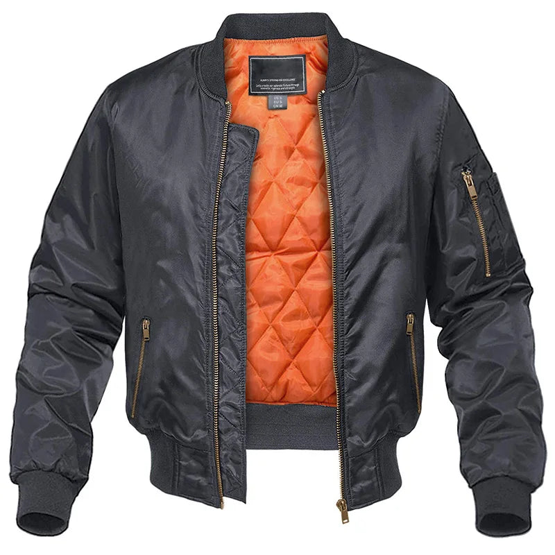 Men's quilted bomber jacket with zip front and ribbed trims