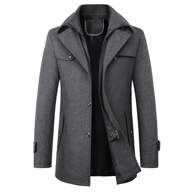 Men's structured mid-length coat with stand collar, buttons, zip and multiple pockets