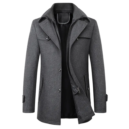 Men's structured mid-length coat with stand collar, buttons, zip and multiple pockets