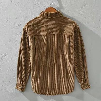 Men's green and black corduroy overshirts with button fronts and chest pockets