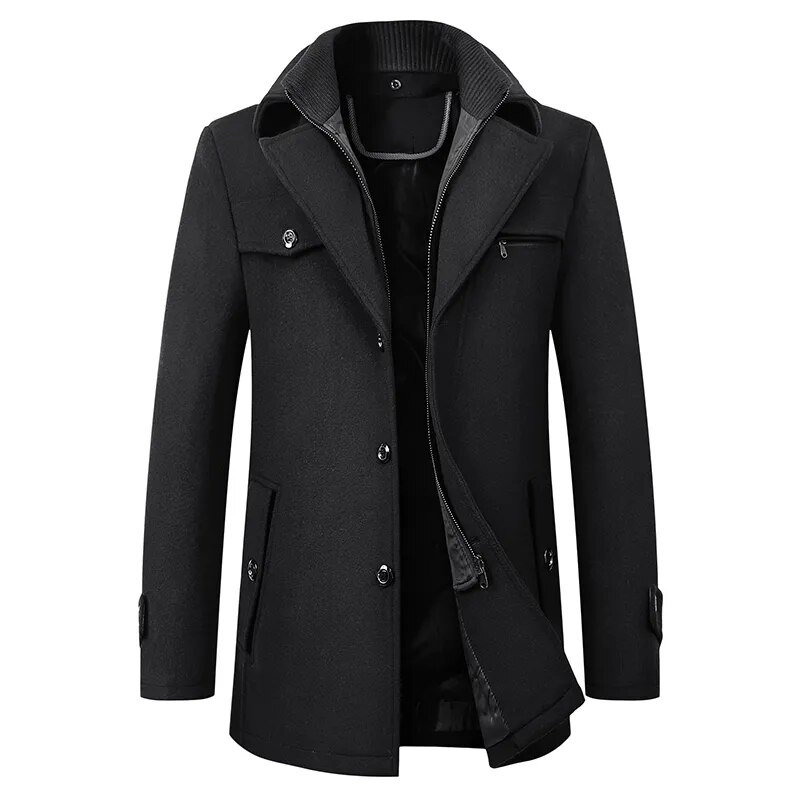 Men's structured mid-length coat with stand collar, buttons, zip and multiple pockets