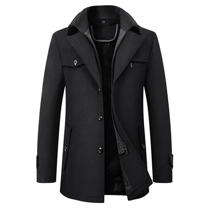 Men's structured mid-length coat with stand collar, buttons, zip and multiple pockets