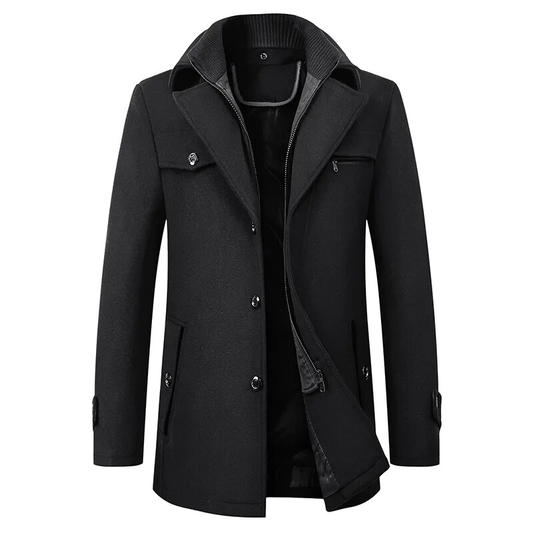 Men's structured mid-length coat with stand collar, buttons, zip and multiple pockets