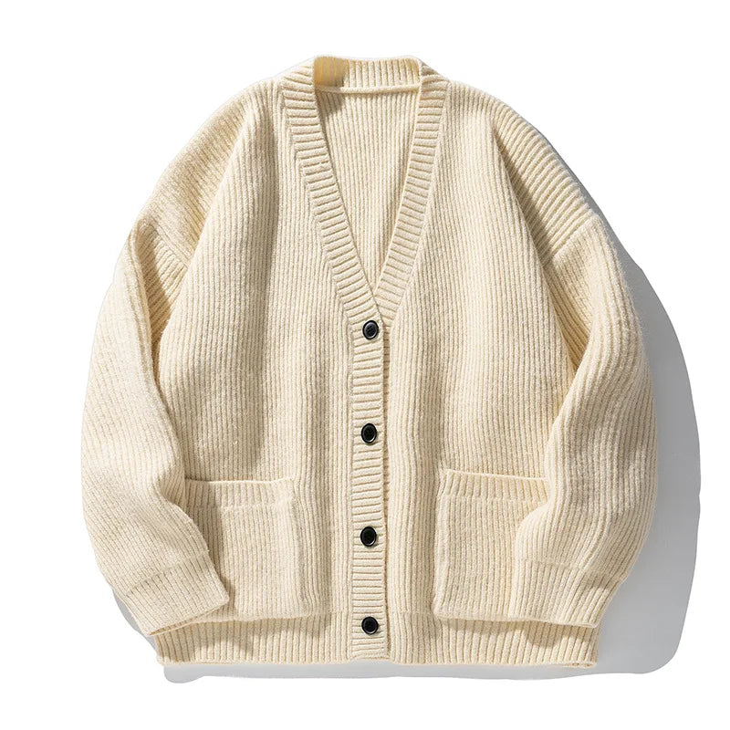 Ribbed knit cardigan with V-neck, buttons and two front pockets