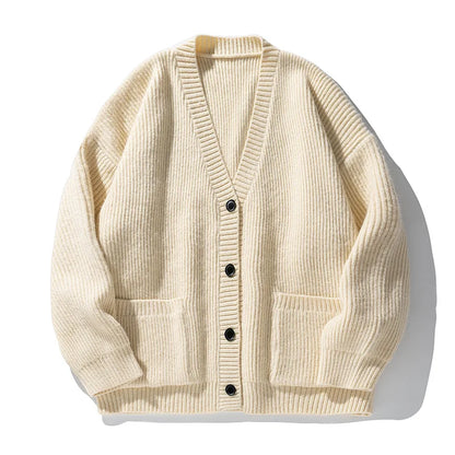 Ribbed knit cardigan with V-neck, buttons and two front pockets
