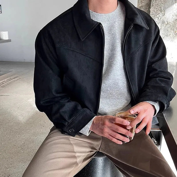 Men's collared zip jacket with long sleeves and button cuffs
