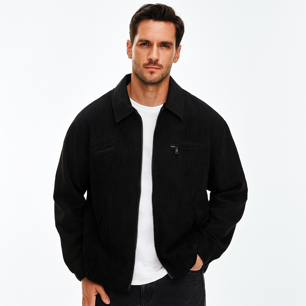 Men's corduroy zip jacket with contrast collar and multiple pockets