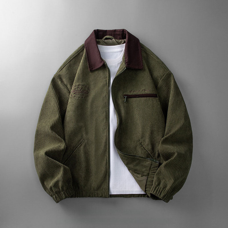 Men's corduroy zip jacket with contrast collar and multiple pockets