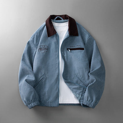 Men's corduroy zip jacket with contrast collar and multiple pockets