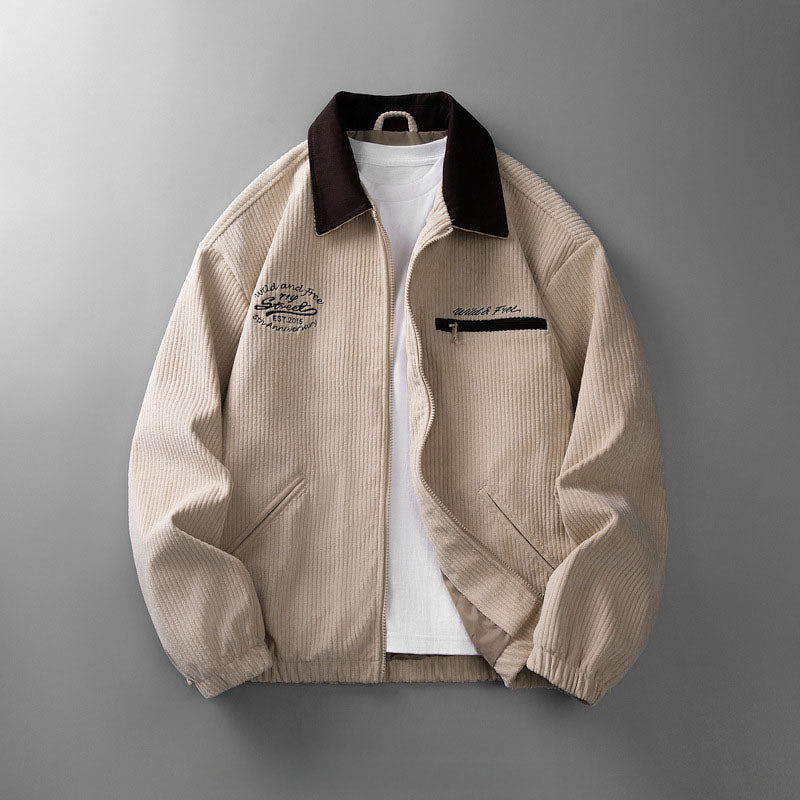 Men's corduroy zip jacket with contrast collar and multiple pockets