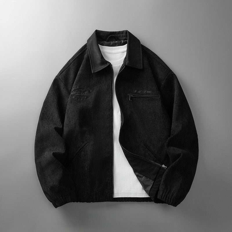 Men's corduroy zip jacket with contrast collar and multiple pockets