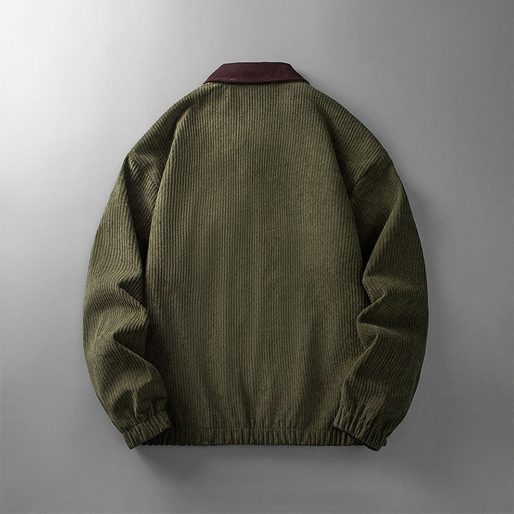 Men's corduroy zip jacket with contrast collar and multiple pockets