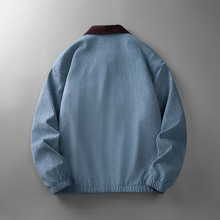 Men's corduroy zip jacket with contrast collar and multiple pockets