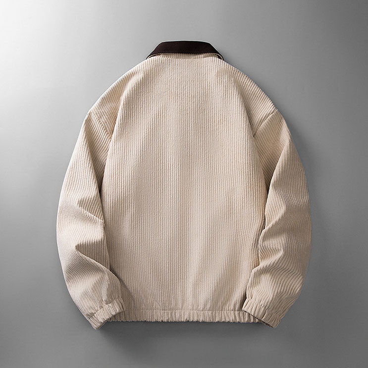 Men's corduroy zip jacket with contrast collar and multiple pockets