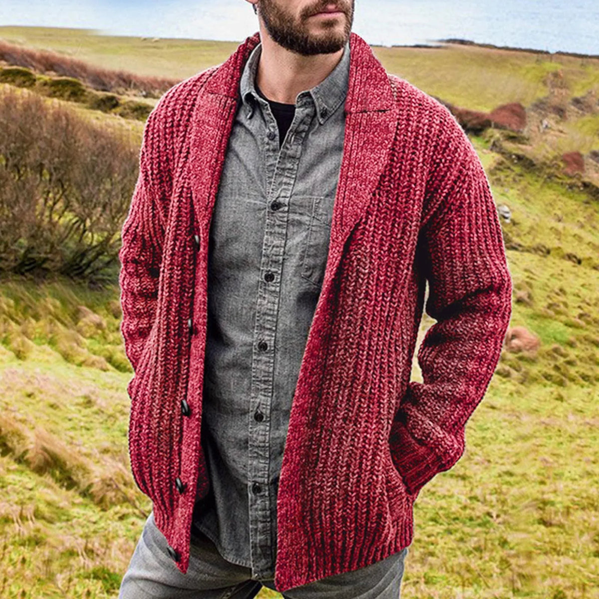 Men's textured shawl collar cardigan with button front and long sleeves