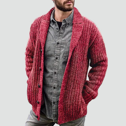 Men's textured shawl collar cardigan with button front and long sleeves