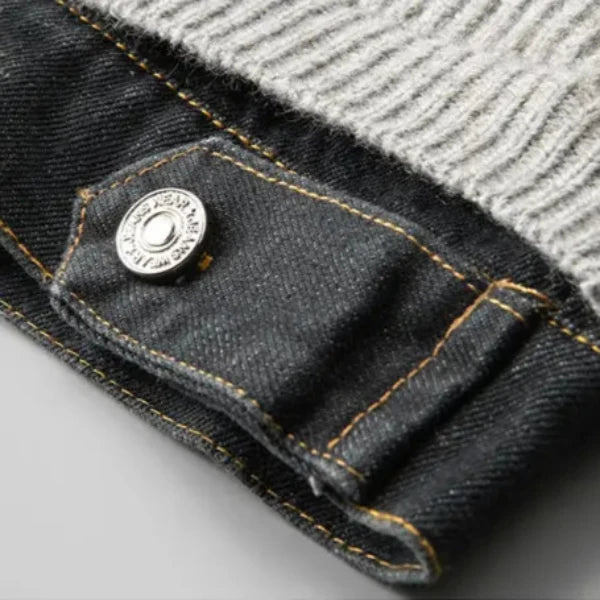 Ribbed jacket with contrasting denim-style trim, button front and patch pockets