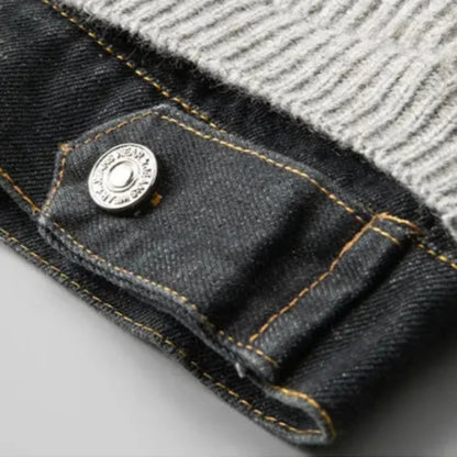 Ribbed jacket with contrasting denim-style trim, button front and patch pockets