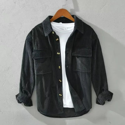 Men's green and black corduroy overshirts with button fronts and chest pockets