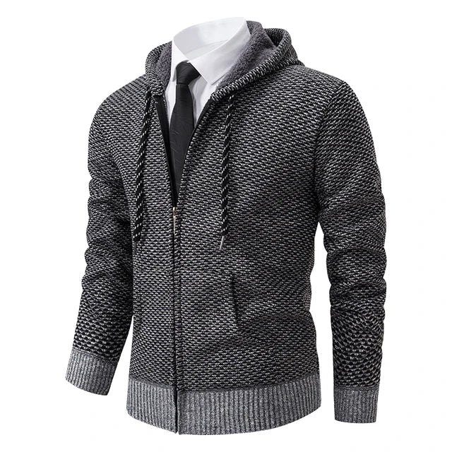 Men's textured full-zip hooded jumper with long sleeves and front pockets