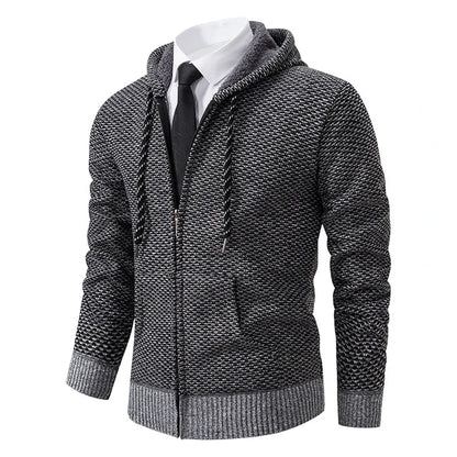 Men's textured full-zip hooded jumper with long sleeves and front pockets