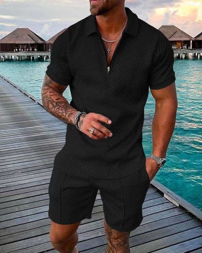 Men's 2-Piece Set, Short Sleeve Zip Collar T-Shirt and Shorts Casual Summer Loungewear
