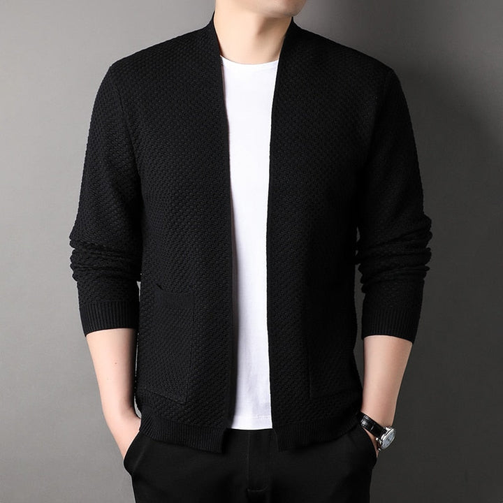 Men's textured open front cardigan with two patch pockets