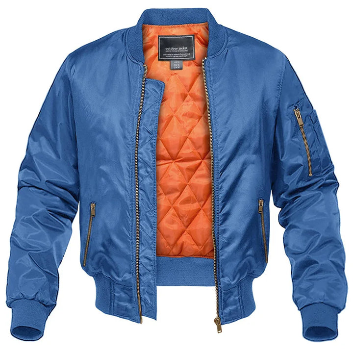 Men's quilted bomber jacket with zip front and ribbed trims