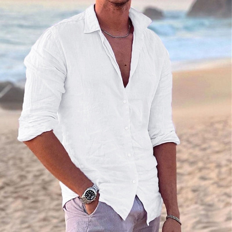 Men's Linen Blend Shirt, Long Sleeve, Button Through, Relaxed Fit