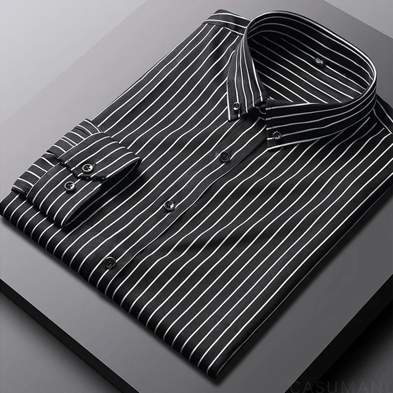 Men's Striped Cotton Shirt, Modern Fit Breathable Long Sleeve Smart Casual Shirt