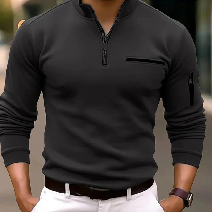 Men's quarter zip sweater with mock neck and zipper pockets