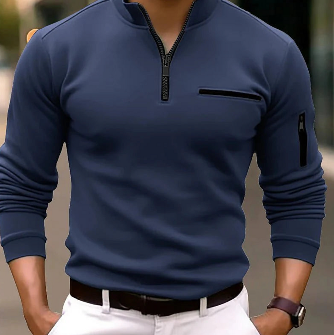 Men's quarter zip sweater with mock neck and zipper pockets