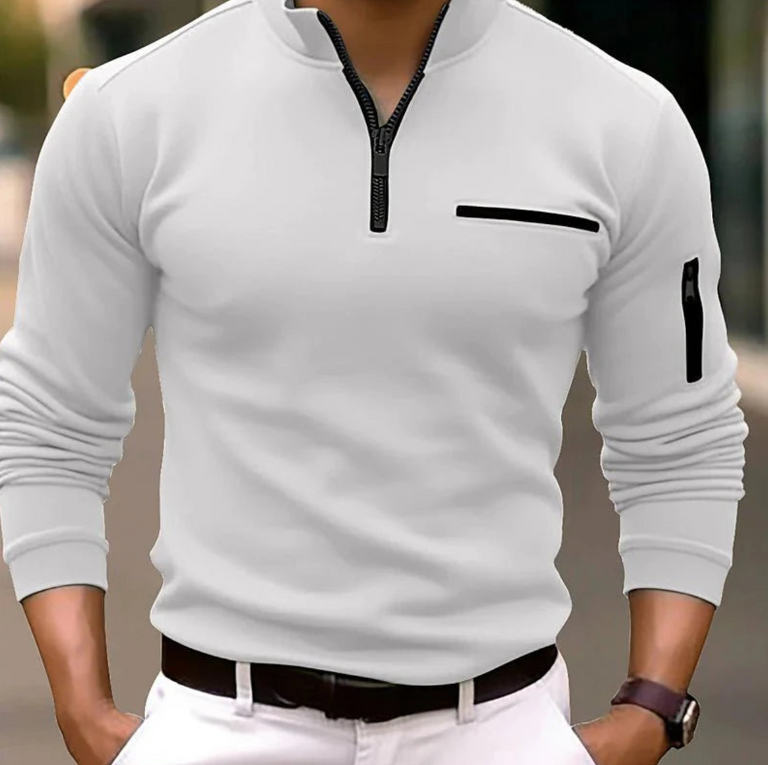 Men's quarter zip sweater with mock neck and zipper pockets