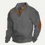 Men's textured mock neck sweater with button placket and contrasting elbow patches