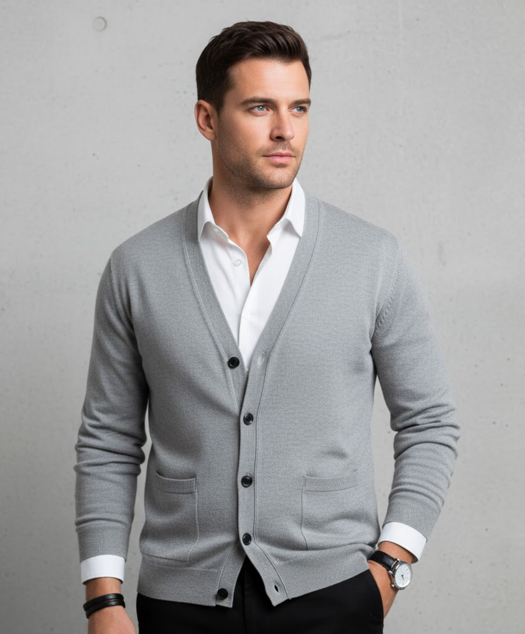 Men's V-neck button cardigan layered over a shirt