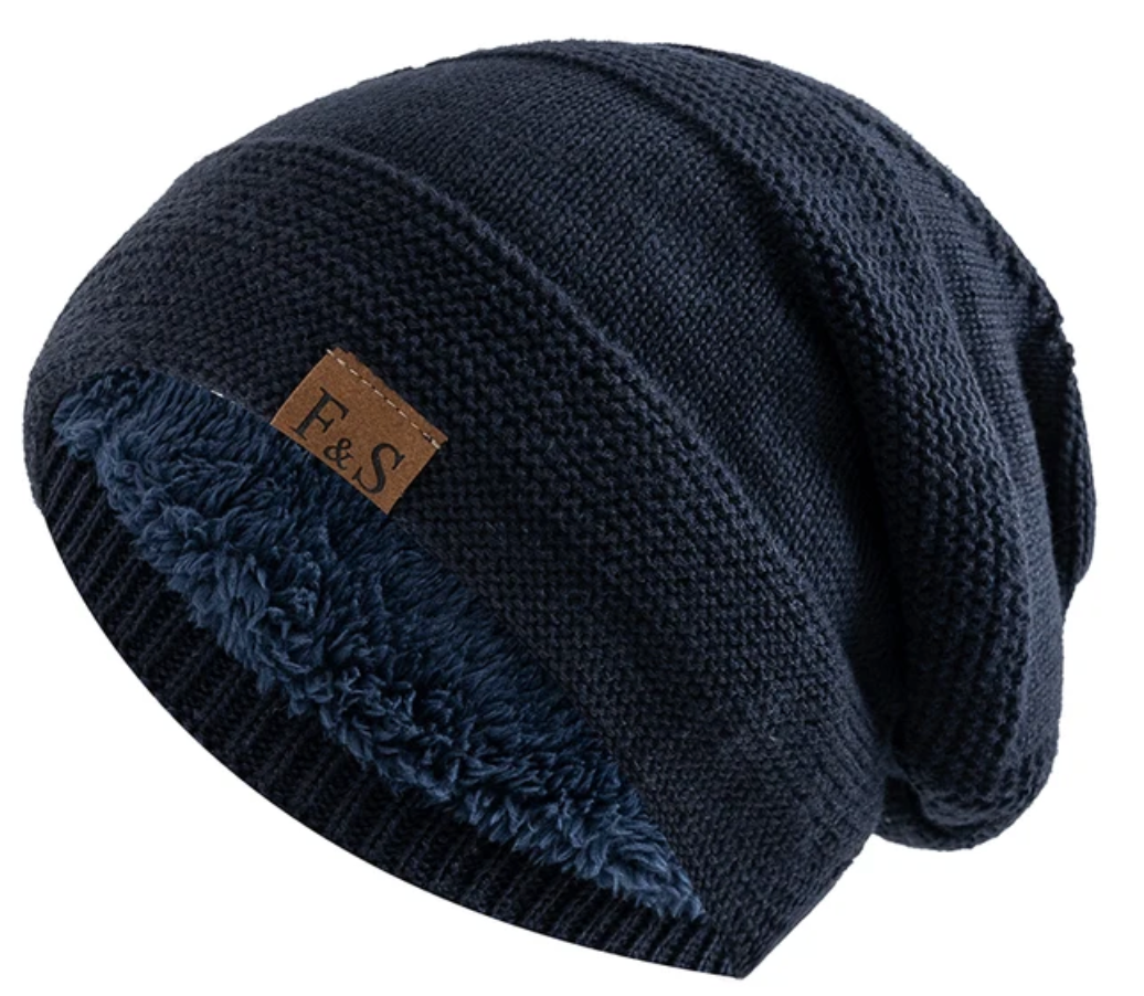 Textured knit men's slouch beanie with a visible furry lining