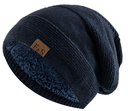 Textured knit men's slouch beanie with a visible furry lining