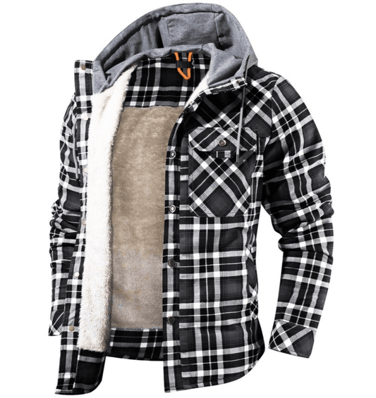 Men's checked hooded jacket with button front and contrasting lining