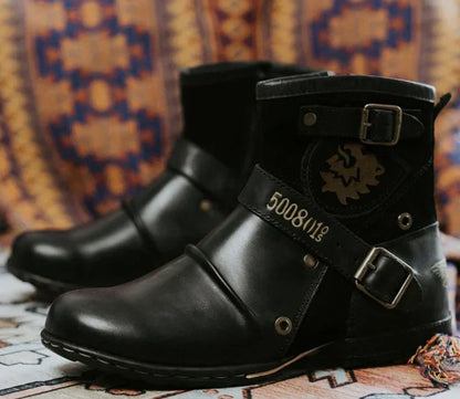 Men's biker ankle boots with buckle straps and rounded toes