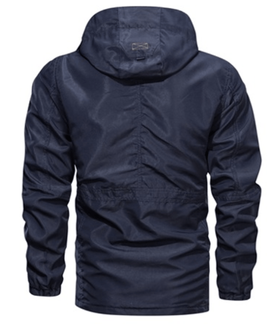 Men's hooded utility coat with long sleeves, multiple pockets and contrast trim
