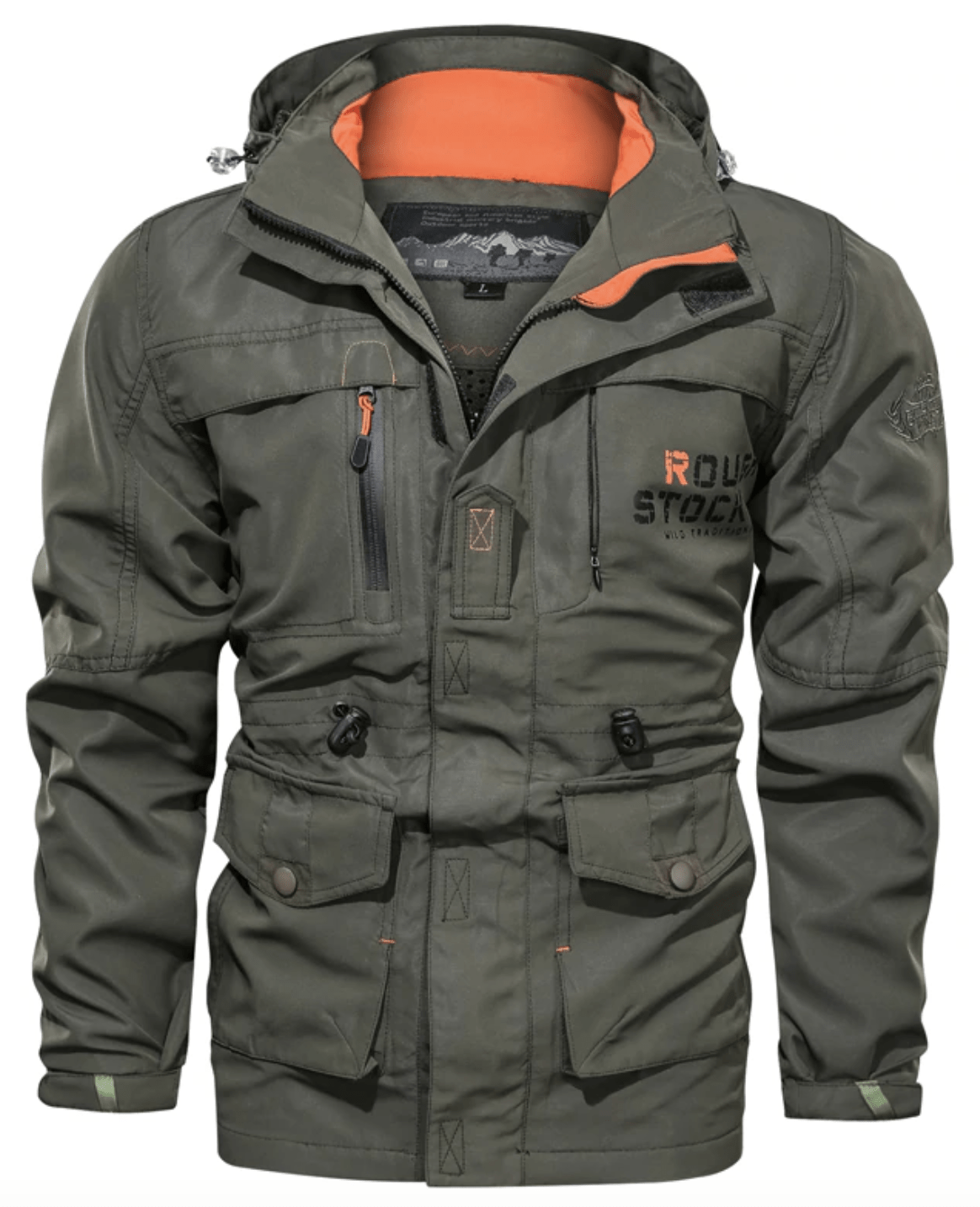 Men's hooded utility coat with long sleeves, multiple pockets and contrast trim